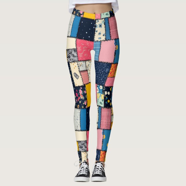 Adorable Patchwork Design, Playful Pattern Leggings (Front)