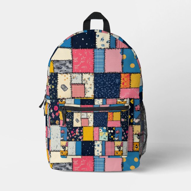 Adorable Patchwork Design, Playful Pattern Printed Backpack (Front)