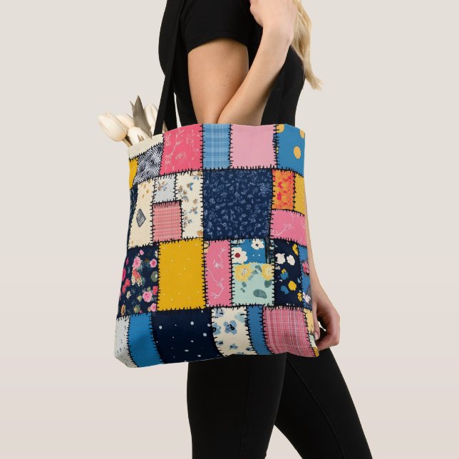 Adorable Patchwork Design, Playful Pattern Tote Bag (Close Up)