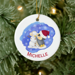 Adorable Penguin And Snowman Name Ceramic Tree Decoration