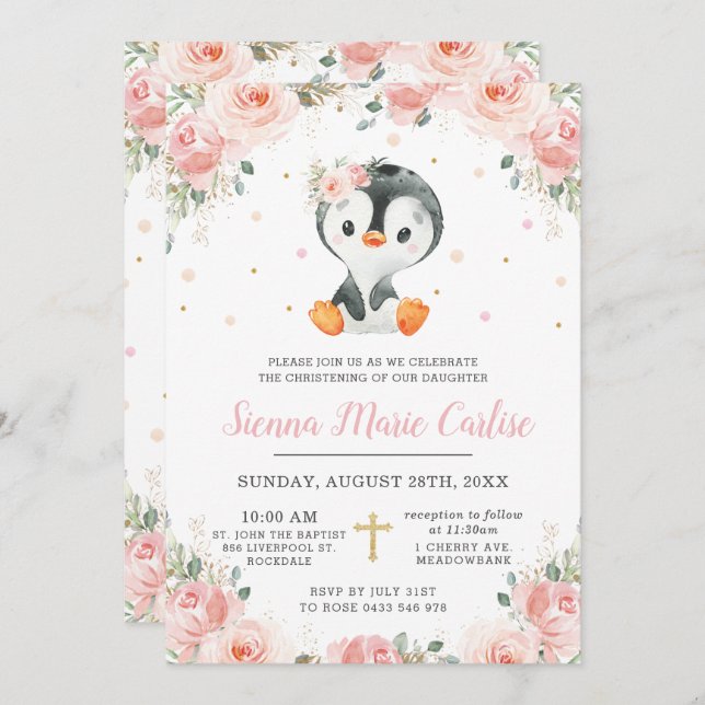 Adorable Penguin Blush Floral Girl Christening Invitation (Front/Back)