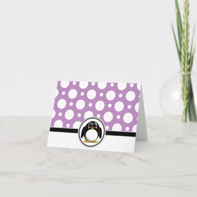 Adorable Penguin custom Purple Polka Dot Cards (Front)