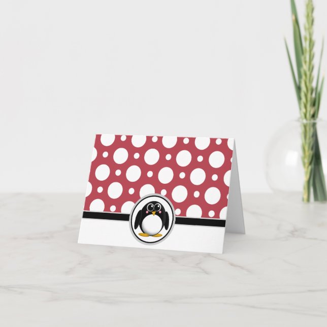 Adorable Penguin custom Red Polka Dot Cards (Front)