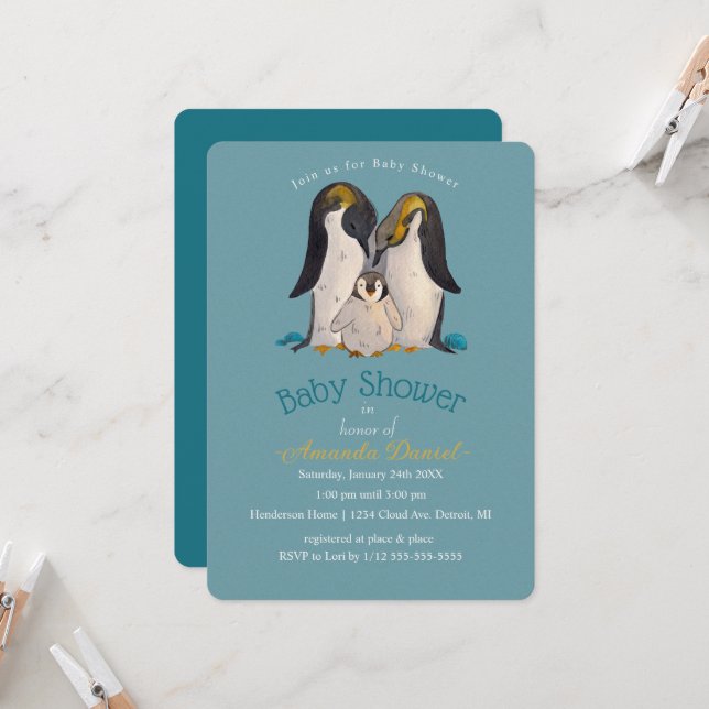 Adorable Penguin Family Baby Shower Invitation (Front/Back In Situ)