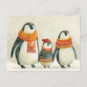 Adorable Penguin Family Watercolor New Year  Postcard