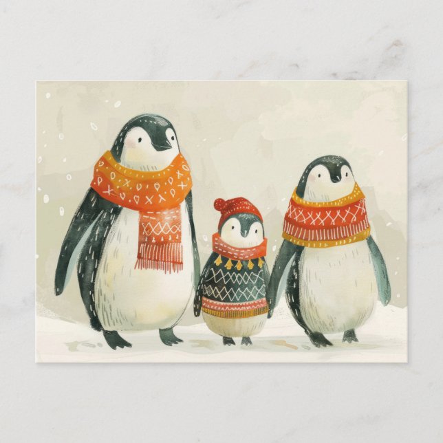 Adorable Penguin Family Watercolor New Year  Postcard (Front)