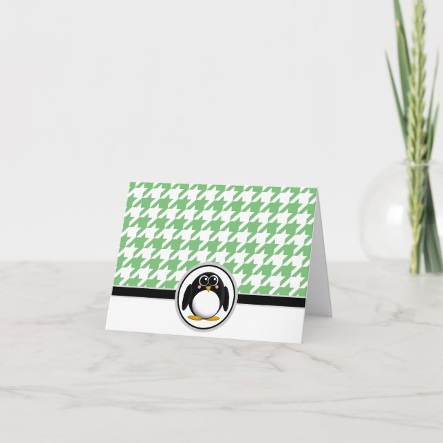 Adorable Penguin Green & White Houndstooth Cards (Front)