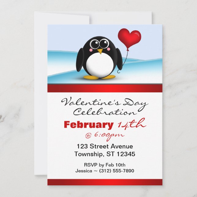 Adorable Penguin Heart Valentine's Day Invitations (Front)