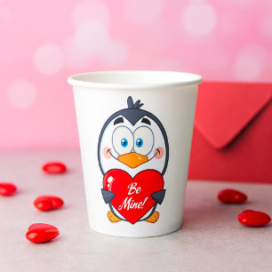 Adorable Penguin Holding Be Mine Heart Paper Cups