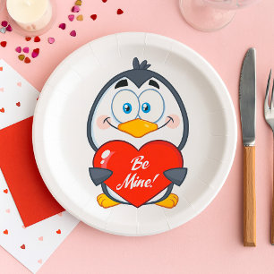 Adorable Penguin Holding Be Mine Heart Paper Plate
