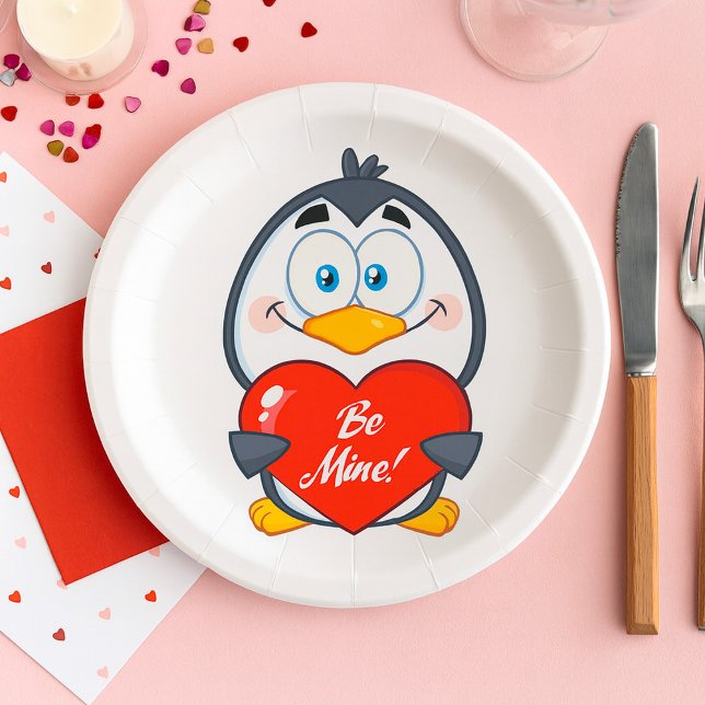 Adorable Penguin Holding Be Mine Heart  Paper Plate (Creator Uploaded)