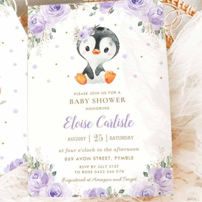 Adorable Penguin Purple Floral Girl Baby Shower  Invitation (Creator Uploaded)