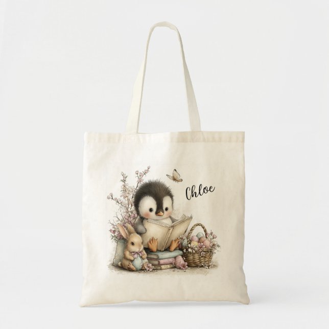 Adorable Penguin Reading Scene Illustration Tote Bag (Front)