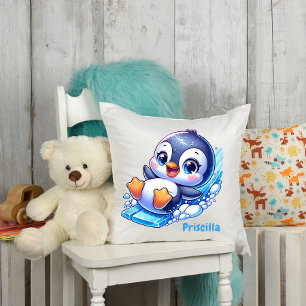 Adorable Penguin Sliding on Ice Custom Cushion