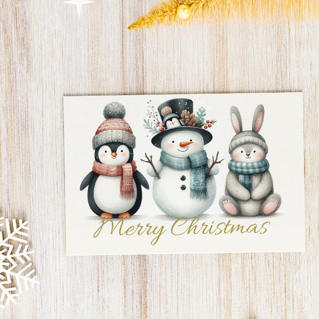 Adorable Penguin, Snowman & Bunny “Merry Christmas Holiday Postcard (Creator Uploaded)
