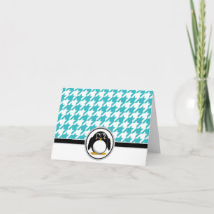 Adorable Penguin Turquoise White Houndstooth Cards