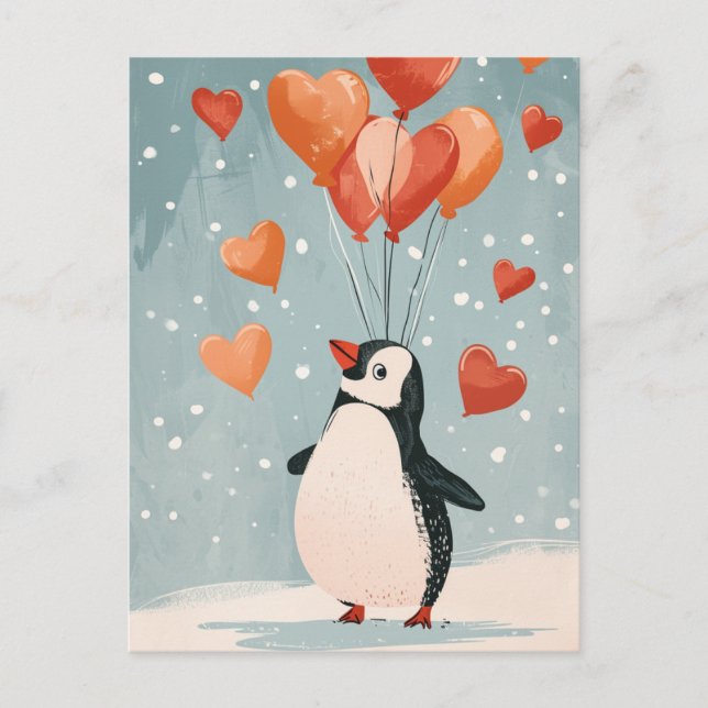 Adorable penguin with heart ballons postcard (Front)