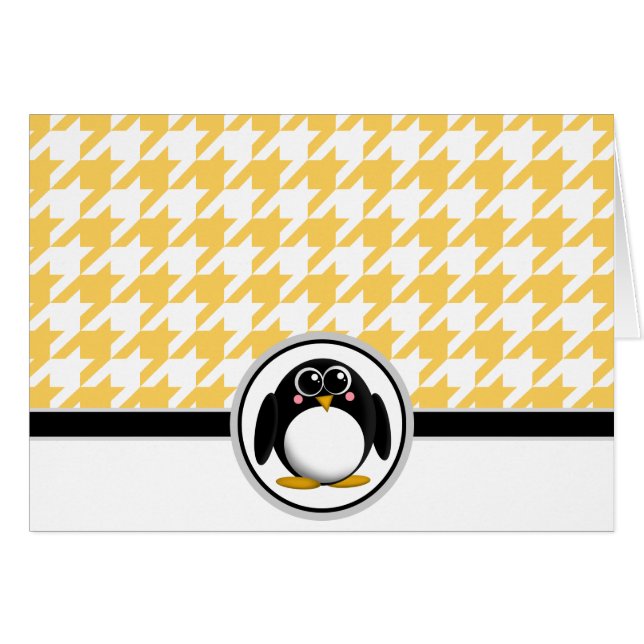 Adorable Penguin Yellow & White Houndstooth Cards (Front Horizontal)