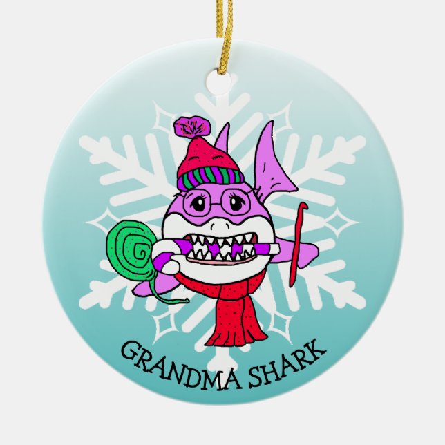 Adorable Personalised Grandma Shark and Snowflake Ceramic Tree Decoration (Front)