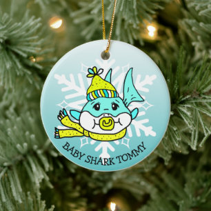 Adorable Personalized Baby Shark and Snowflake Ceramic Tree Decoration