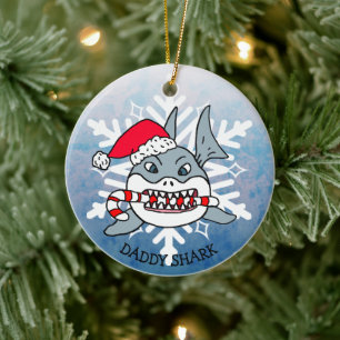 Adorable Personalized Daddy Shark and Snowflake Ceramic Tree Decoration