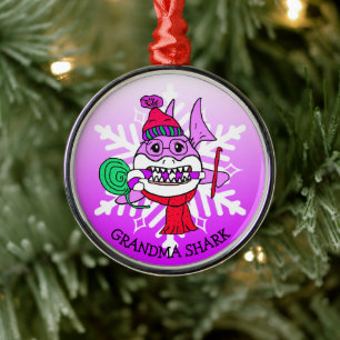 Adorable Personalized Grandma Shark and Snowflake Metal Tree Decoration