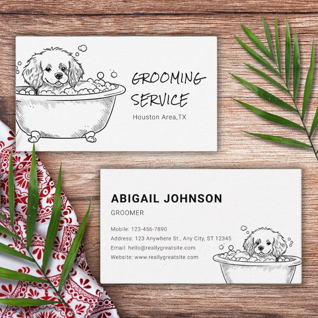 Adorable Pet Grooming Hand Drawn Dog in Bathtub Business Card (Creator Uploaded)