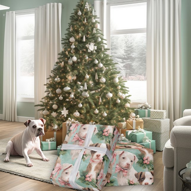 Adorable Piebald Pitbull Christmas Pups Mint Green Wrapping Paper (Creator Uploaded)