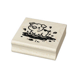 Adorable Pig in Mud Rubber Stamp