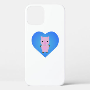 Adorable Pig with a Blue Heart in the Background iPhone 12 Case
