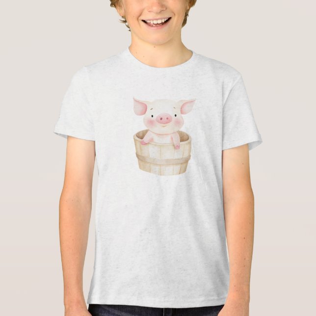 Adorable Piglet in Wooden Tub Illustration Tri-Blend Shirt (Front)