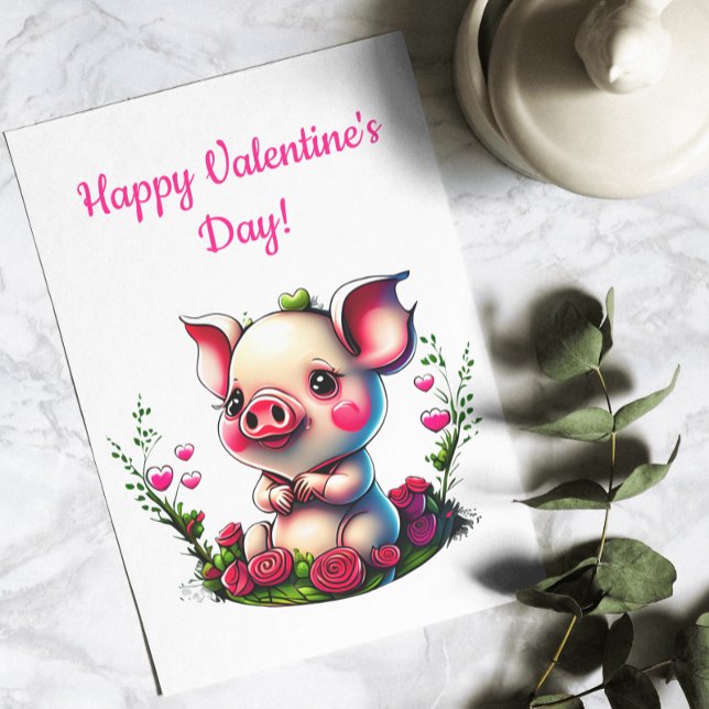 Adorable Piglet With Hearts Hogs Kisses Valentine Holiday Card (Creator Uploaded)