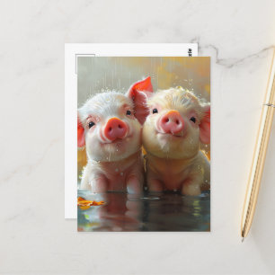 Adorable Piglets in the Rain Postcard