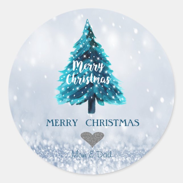 Adorable Pine Tree,Blue Glittery Bokeh Classic Round Sticker (Front)