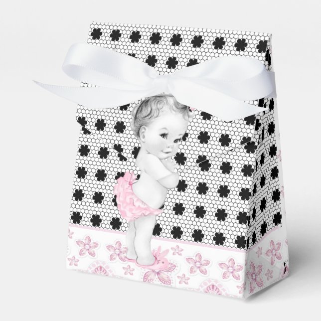 Adorable Pink and Black Baby Shower Favour Boxes (Front Side)