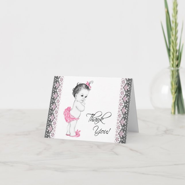 Adorable Pink and Black Baby Shower Thank You Card (Front)