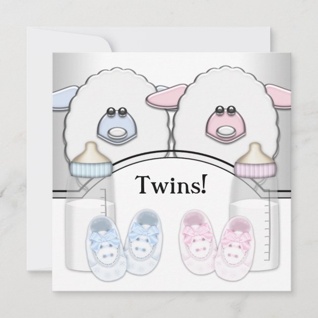 Adorable Pink and Blue Sheep Twin Baby Shower Invitation (Front)