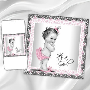 Adorable Pink and Grey Baby Girl Shower Invitation