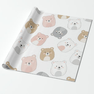 Adorable Pink and Grey Cartoon Bear Wrapping Paper