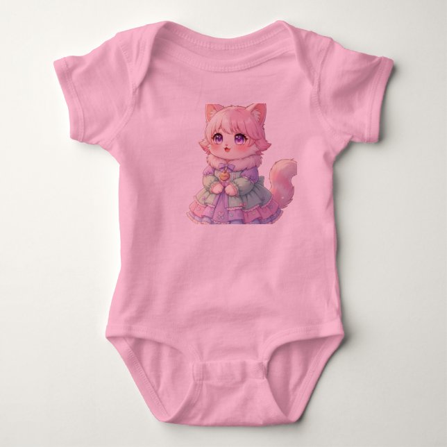 Adorable Pink Anime Cat Baby Shower Gift Bodysuit (Front)
