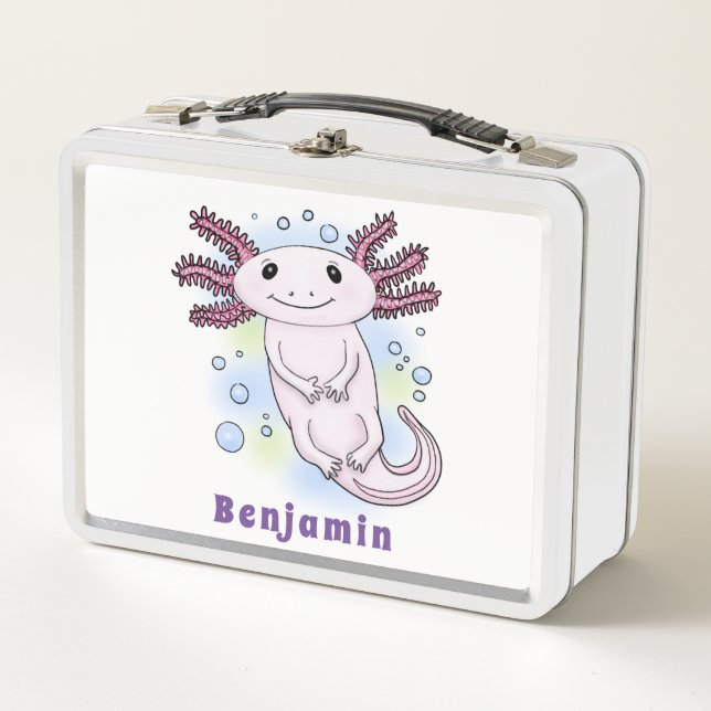 Adorable pink axolotl cartoon metal lunch box (Front)