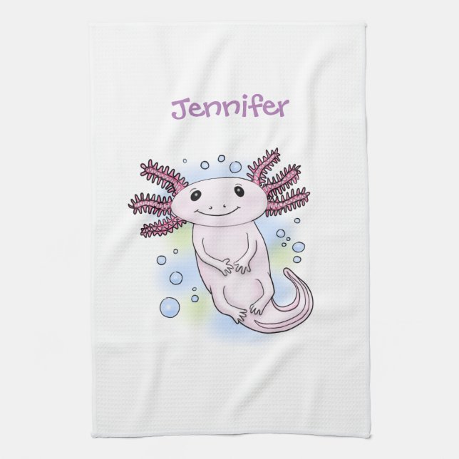 Adorable pink axolotl cartoon tea towel (Vertical)