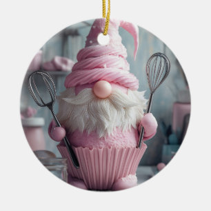 Adorable Pink Baking Gnome Cupcake Ceramic Tree Decoration