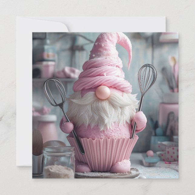  Adorable Pink Baking Gnome Cupcake Holiday Card (Front)