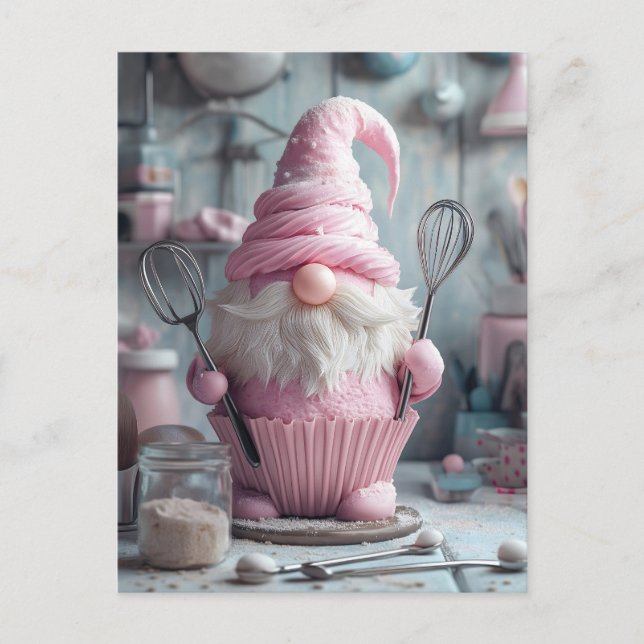  Adorable Pink Baking Gnome Cupcake Postcard (Front)