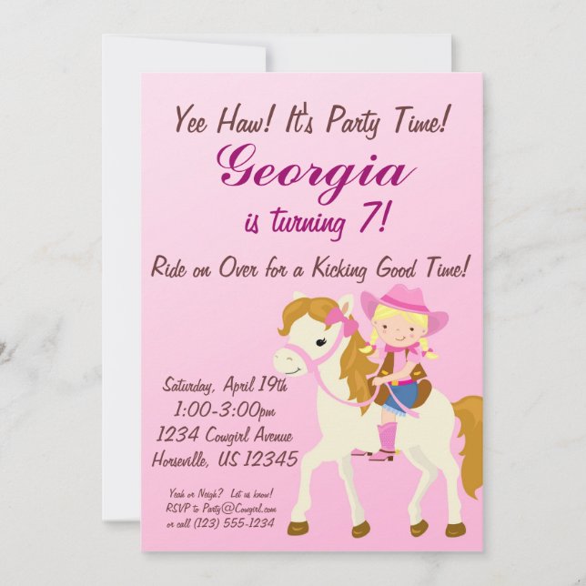 Adorable Pink Blonde Cowgirl Birthday Party Invite (Front)