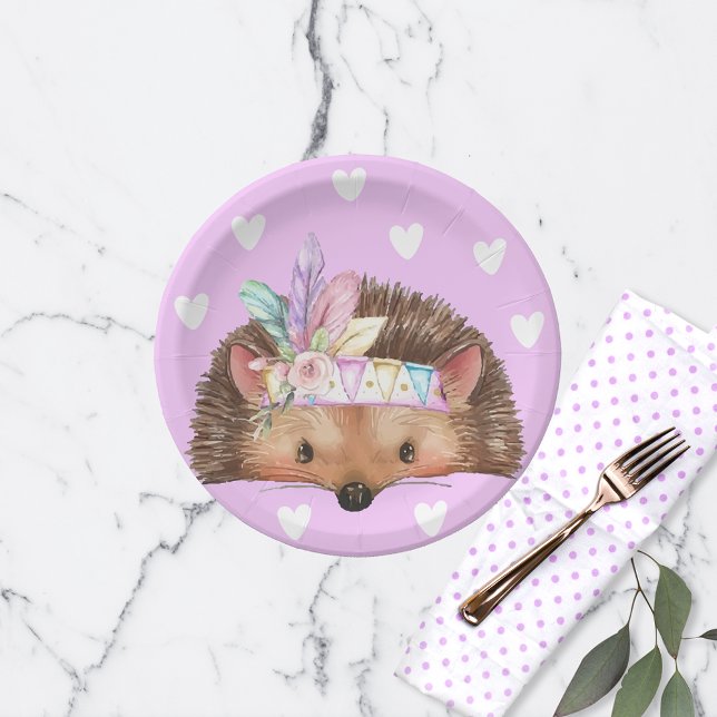 Adorable Pink Boho Chic Hedgehog  Paper Plate (Creator Uploaded)