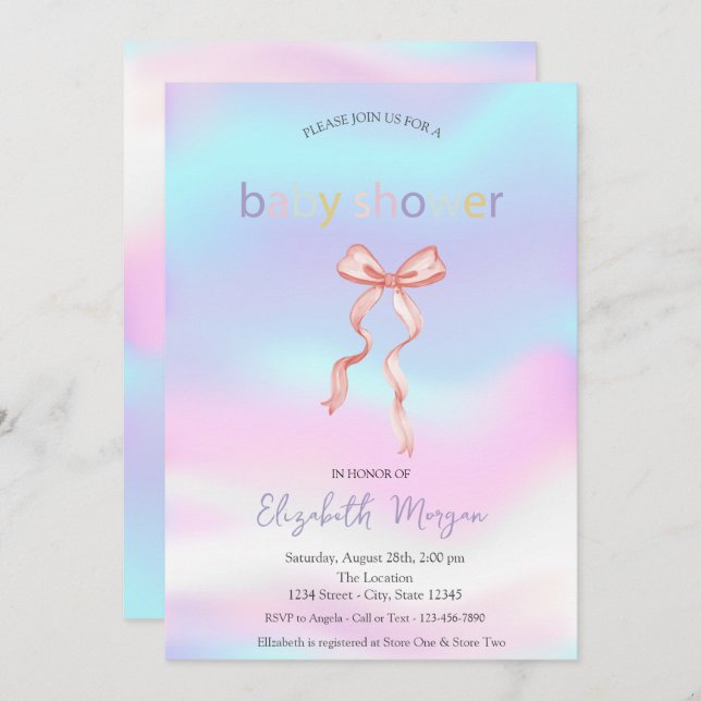 Adorable Pink Bow Holographic Baby Shower Invitation (Front/Back)