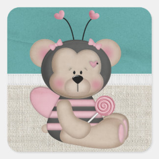 Adorable Pink Bumble Bee Bear Square Sticker