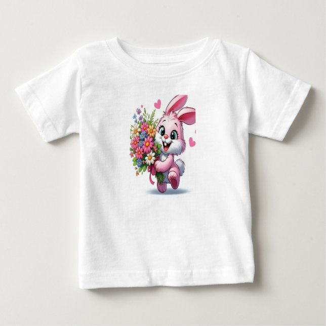Adorable Pink Bunny with Flowers Baby Girl T-Shirt (Front)